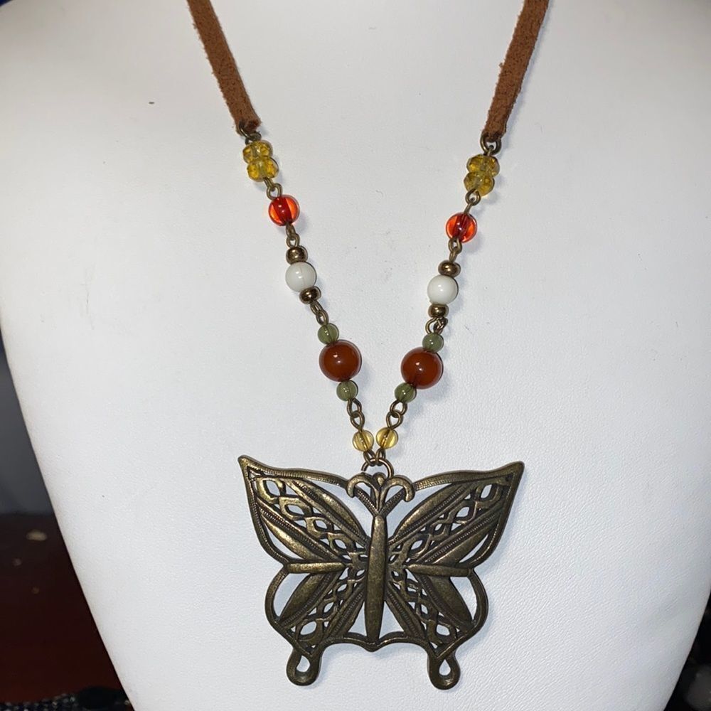Boho Multi Stone Leather Butterfly Necklace